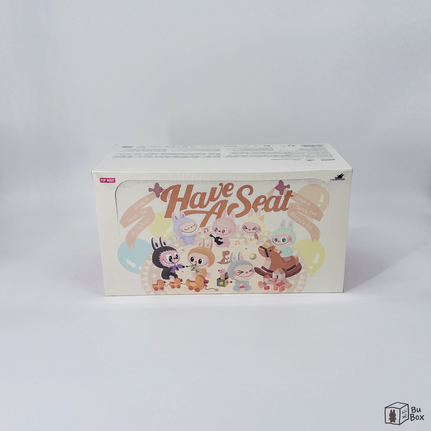 THE MONSTERS Labubu Have a Seat Vinyl Face Sealed Case (6 Blind Boxes) featuring a collection of collectible Labubu figures in a sitting pose with a charming Vinyl Face design, perfect for fans and collectors of Labubu's adorable style.