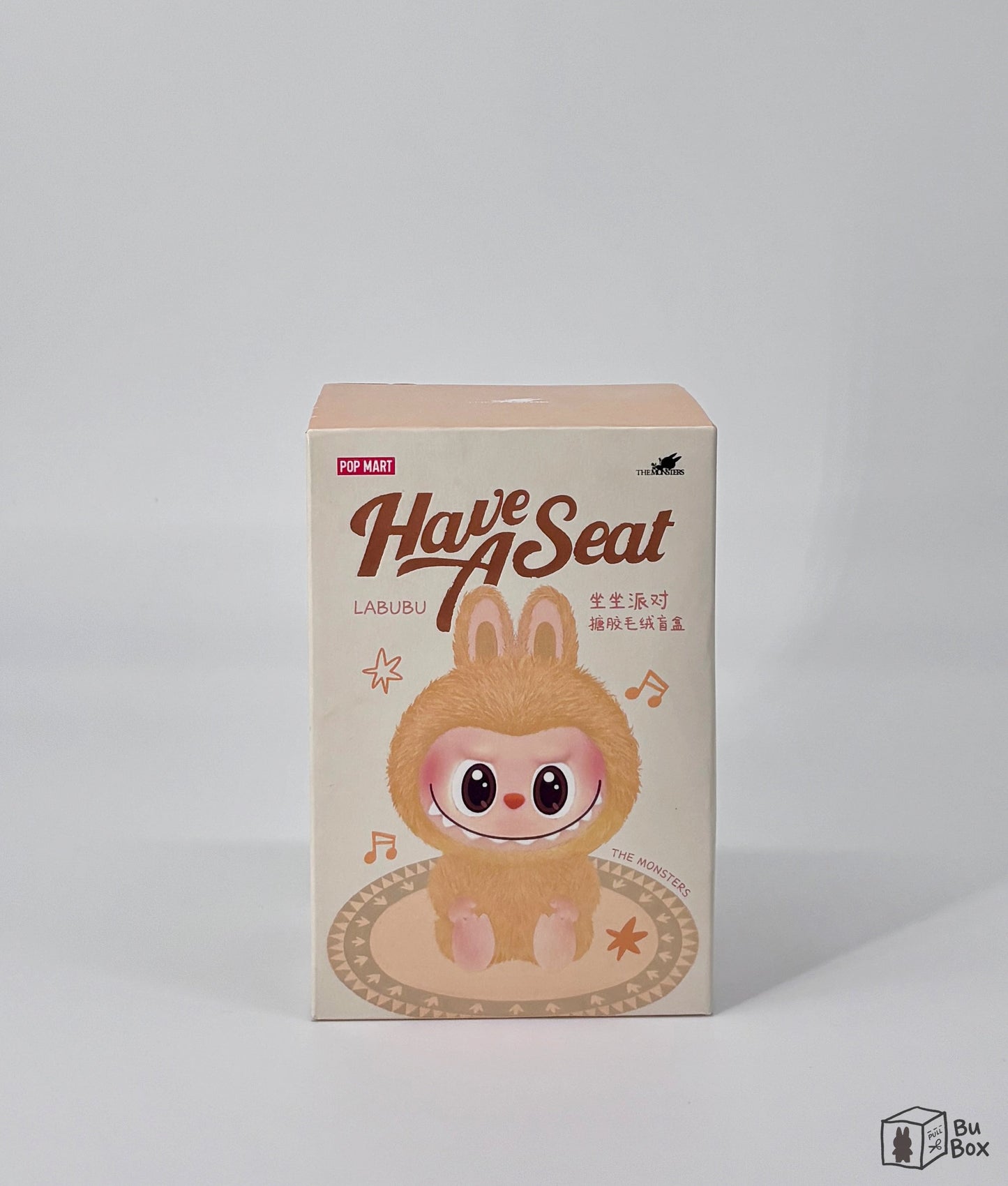 THE MONSTERS Labubu Have a Seat Vinyl Face Single Box (1 Blind Box) featuring a collectible Labubu Vinyl Face figure in a sitting pose, perfect for fans and collectors of Labubu's unique character designs.