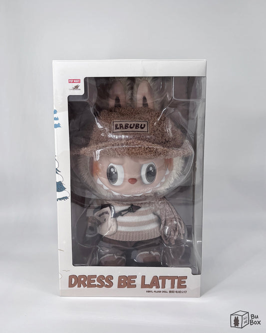 THE MONSTERS Labubu DRESS BE LATTE Vinyl Plush Doll featuring a soft and cute Labubu character with a latte-inspired design, perfect for fans and collectors of Labubu's unique style.