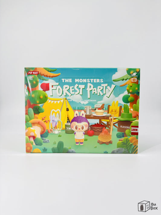 Labubu THE MONSTERS Forest Party Series Figures Sealed Case (9 Blind Boxes), featuring a collection of vinyl face figures with vibrant forest-themed designs and playful expressions.