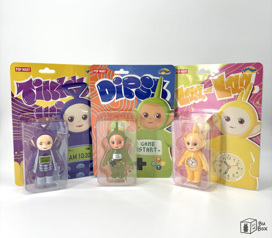 
Teletubbies, trendy figure, collectible toy, vibrant design, character figure, playful design, iconic characters,  Tinky Winky, Dipsy, Laa-Laa, Po, pop mart, figure