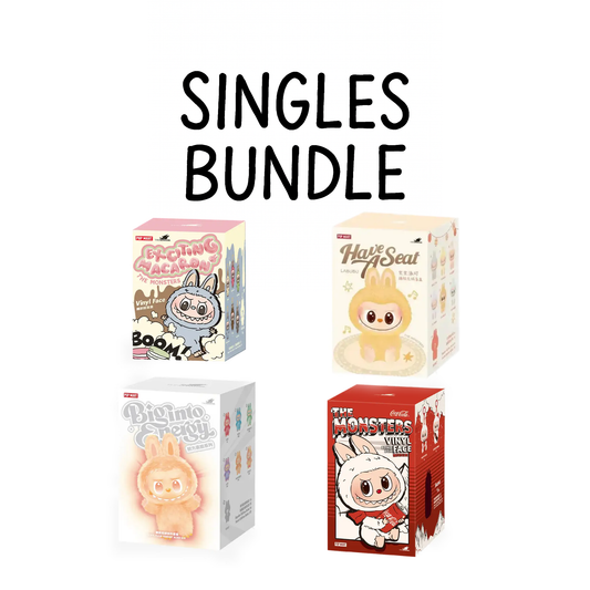 Labubu Vinyl Face Single Blind Box 4 Pack Bundle featuring V1, V2, V3, and Coca-Cola Series figures with vibrant colors and playful expressions